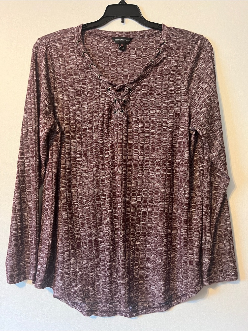 Rock & Republic Plum Heather Lace-Up Long Sleeve Top - Picture 1 of 3